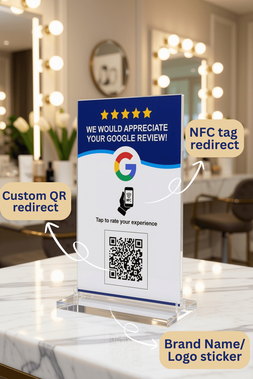Smart Review Card on a table, showing the NFC tap point, QR code, and logo sticker